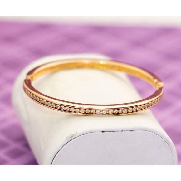 Vintage Dainty Rhinestones Stripe Gold Tone Hinged Bangle 7 inch by Avon - V8 - Picture 1 of 3